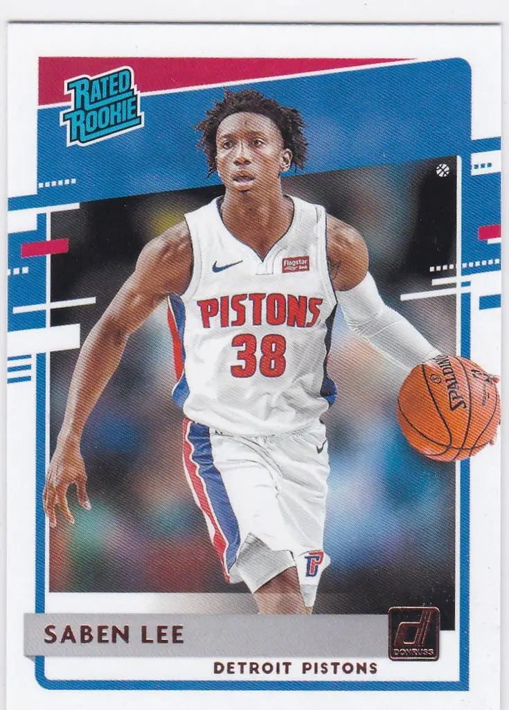 Basketball trading card of Saben Lee RC featuring Detroit Pistons in white jersey 38