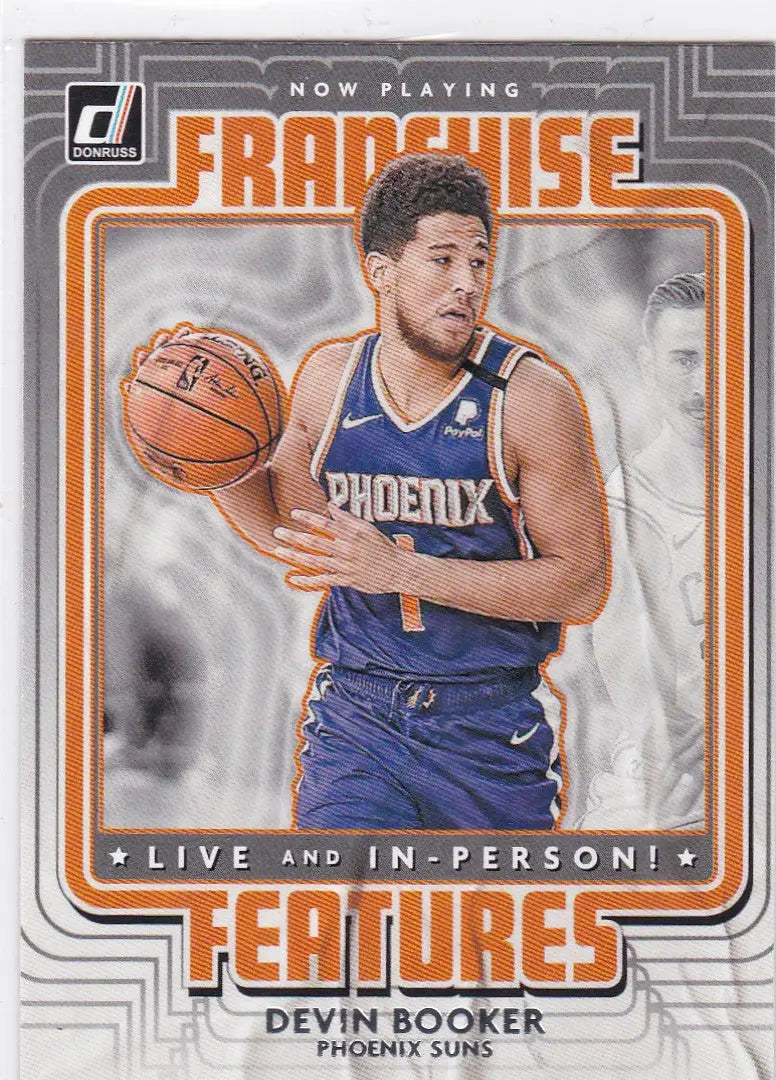 Devin Booker Franchise Features card showcasing Phoenix Suns player in blue jersey