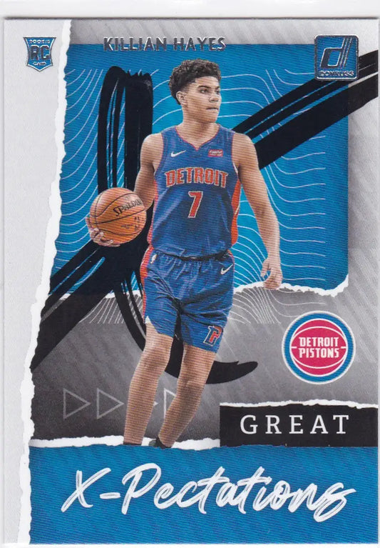 Basketball trading card of Killian Hayes great in blue uniform dribbling ball