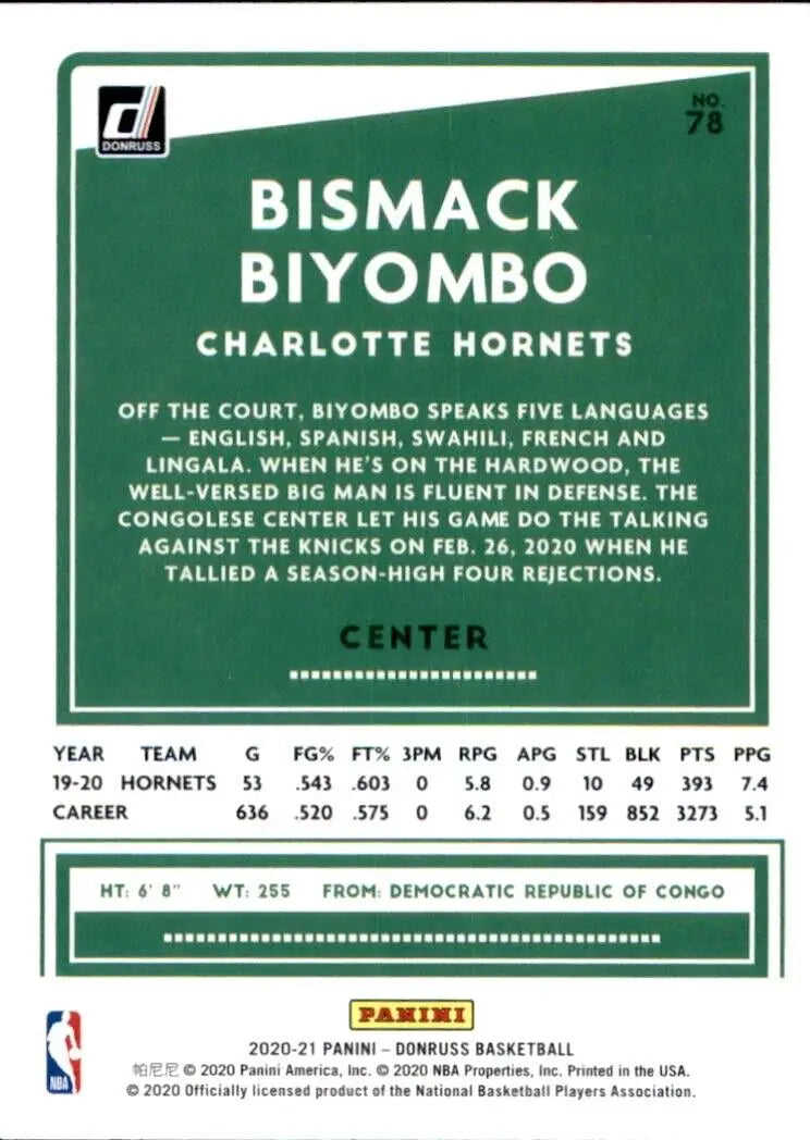 Bismack Biyombo Green Yellow Laser basketball card from 2020-21 Donruss Charlotte Hornets