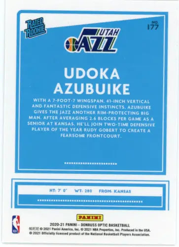 Udoka Azubuike 2020-21 Donruss Optic Rookie Utah Jazz Basketball Card NM-MT