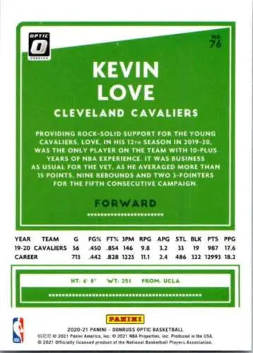 Kevin Love basketball card from 2020-21 Donruss Optic with original gloss finish