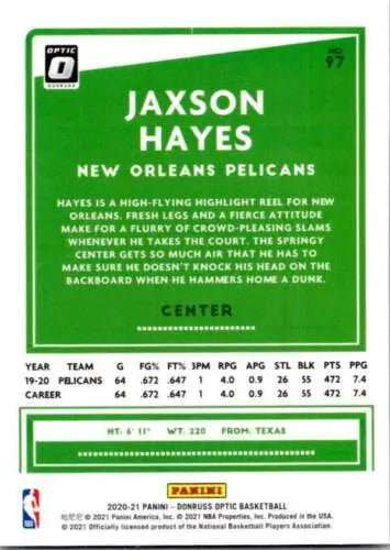 2020-21 Donruss Optic #97 Jaxson Hayes basketball card with original gloss, Pelicans edition