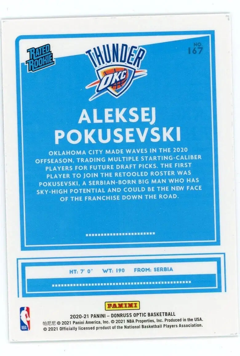 2020-21 Donruss Optic Aleksej Pokusevski Rookie card for Oklahoma City Thunder NBA #167