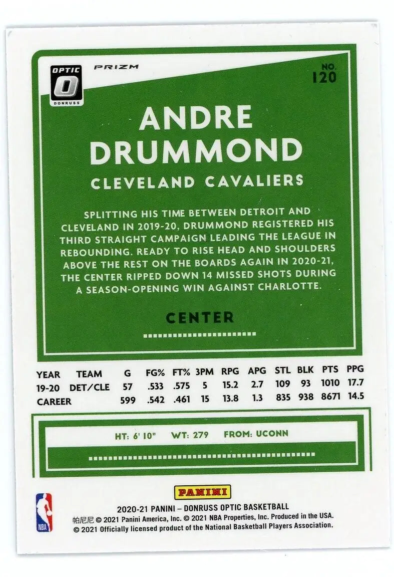 2020-21 Donruss Optic Andre Drummond Purple basketball card from the Cleveland Cavaliers