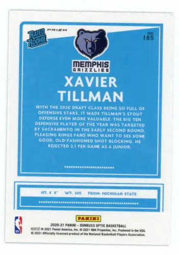 Xavier Tillman Donruss Optic Blue Velocity Rookie Basketball Card Grizzlies NM-MT