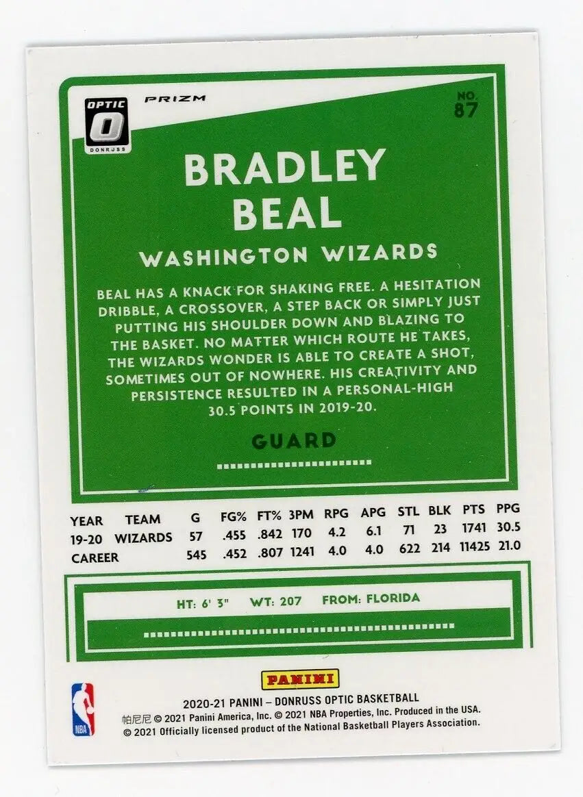 Bradley Beal Blue Velocity basketball card from 2020-21 Donruss Optic #87 Washington Wizards