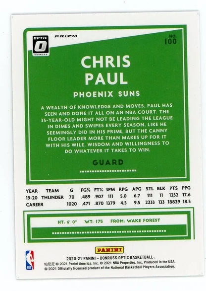 Chris Paul Blue Velocity Basketball Card from 2020-21 Donruss Optic Phoenix Suns