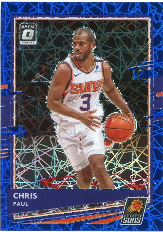 Basketball trading card of Chris Paul in Phoenix Suns jersey, showcasing Paul Blue Velocity