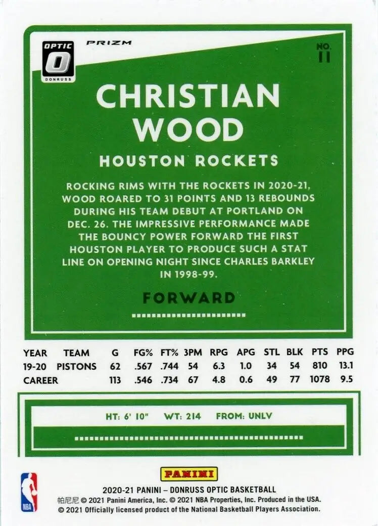 Christian Wood Holo Basketball Card from 2020-21 Donruss Optic Houston Rockets #11