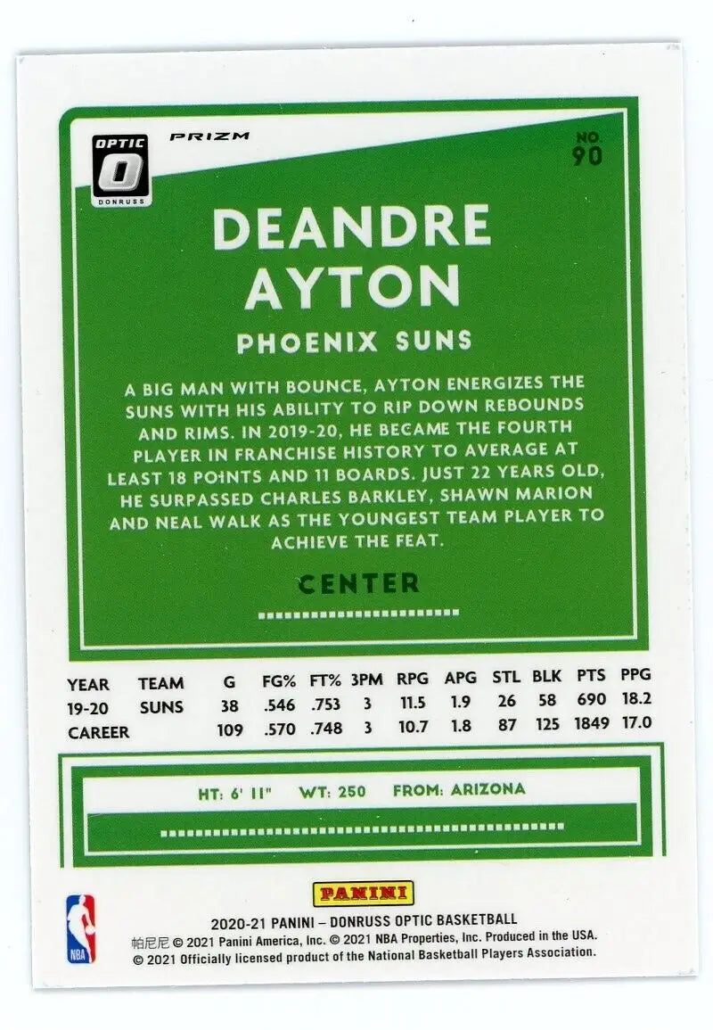 2020-21 Donruss Optic Deandre Ayton Purple Phoenix Suns NBA Basketball Card #90