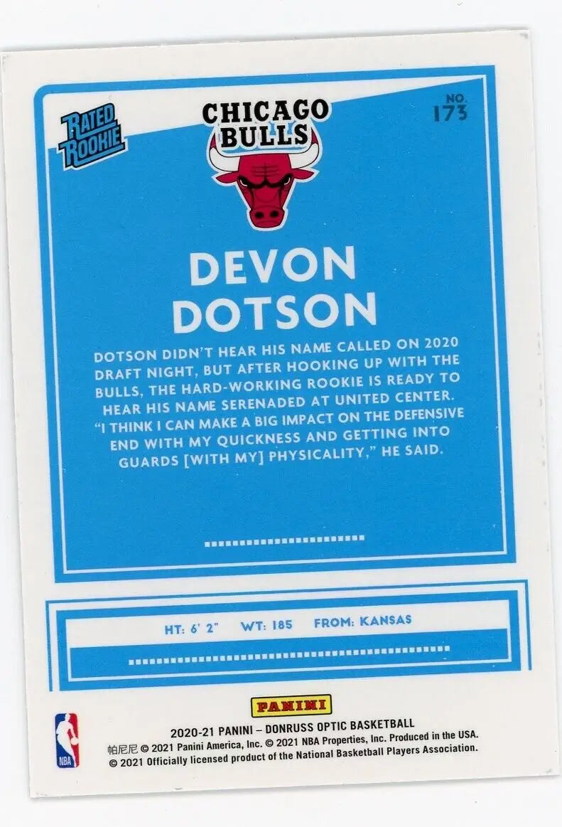 Devon Dotson Rookie card from 2020-21 Donruss Optic Chicago Bulls NBA collection