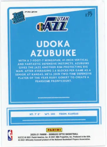 2020-21 Donruss Optic Holo #177 Udoka Azubuike Rookie Utah Jazz Basketball Card