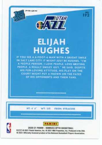 Elijah Hughes Rookie basketball card from 2020-21 Donruss Optic Holo #192 Utah Jazz