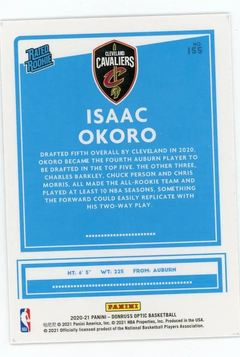 Optic Isaac Okoro Rookie Basketball Card from 2020-21 Donruss Optic #155 Cleveland Cavaliers