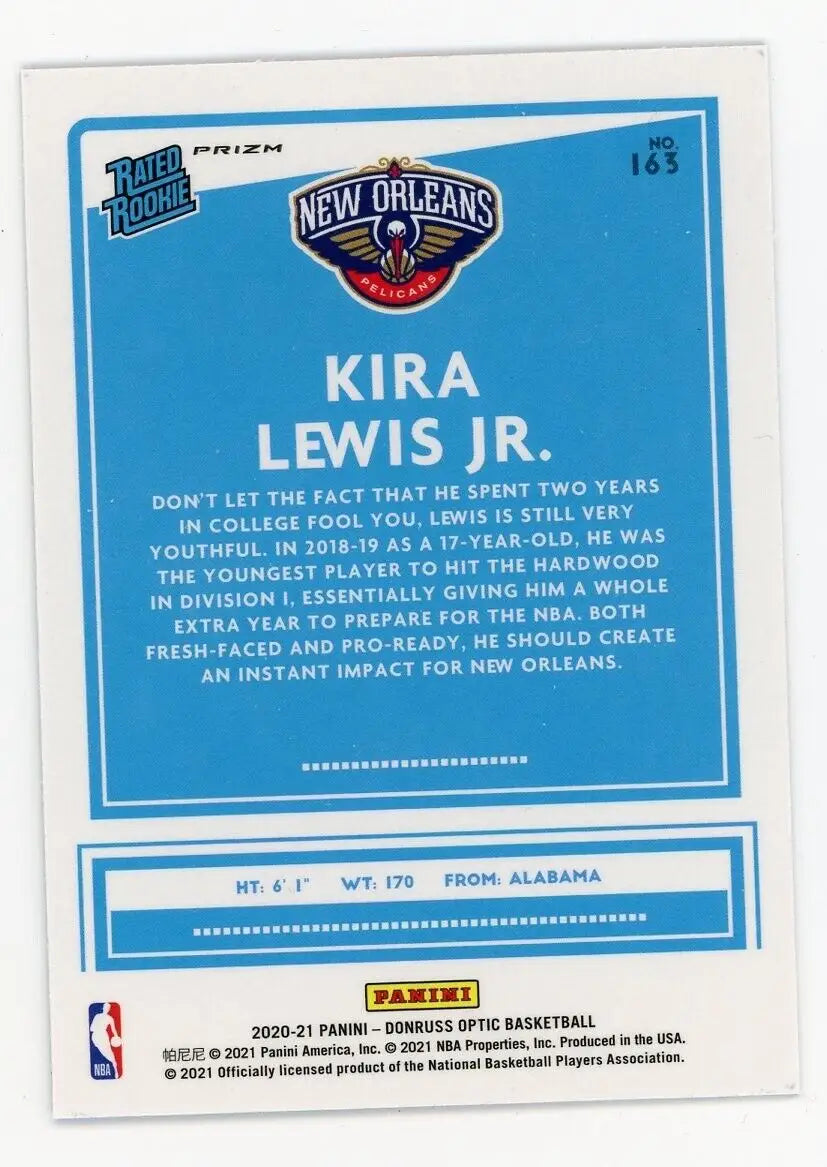 Donruss Optic Kira Lewis Jr Rookie Blue Velocity basketball card from New Orleans Pelicans