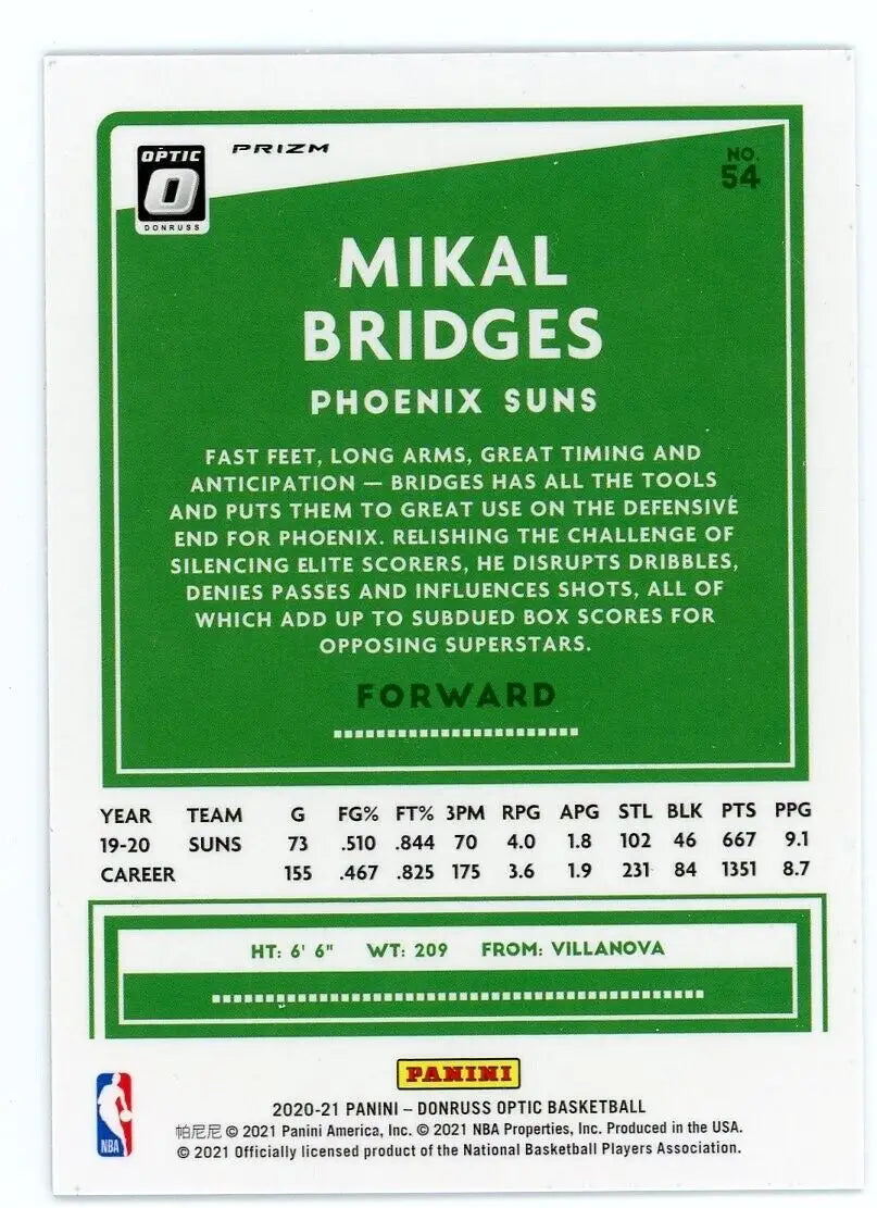 Mikal Bridges Purple Phoenix Suns NBA Basketball Card from 2020-21 Donruss Optic