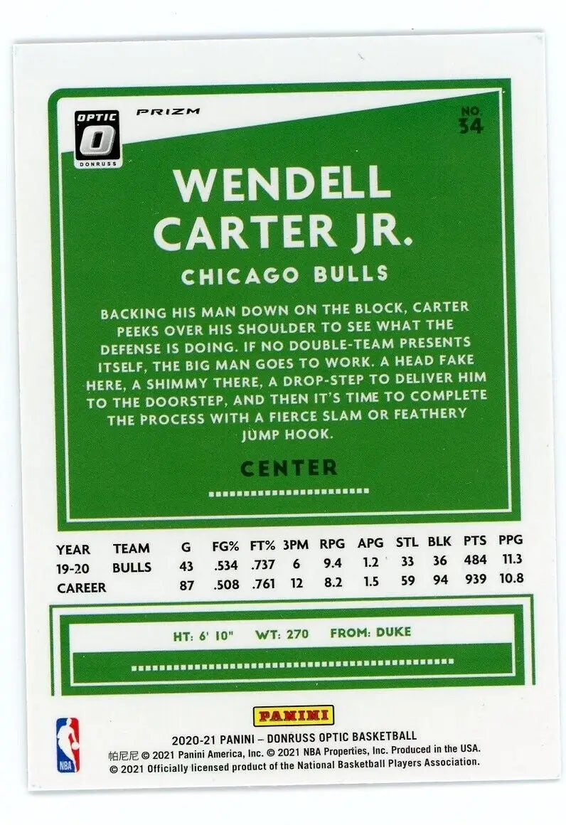 Wendell Carter Jr. Holo basketball card from 2020-21 Donruss Optic Chicago Bulls