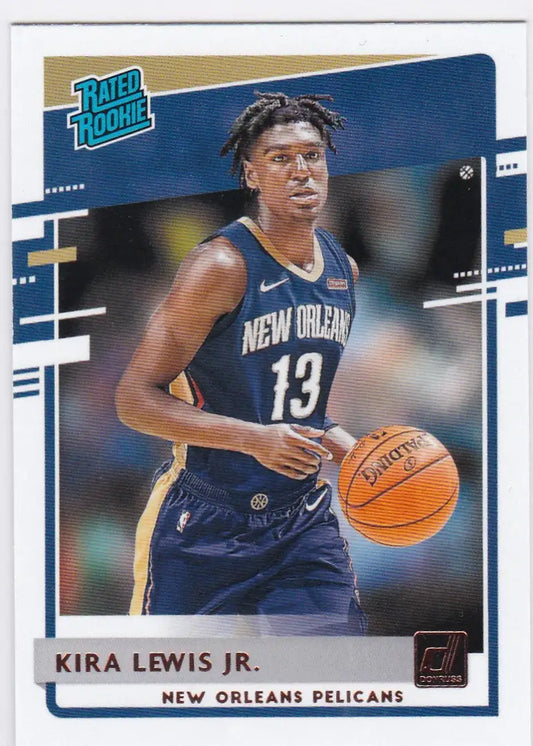 Basketball trading card of Kira Lewis Jr in New Orleans Pelicans jersey, Donruss Rated Rookie