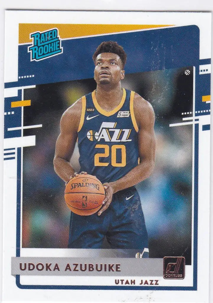 Basketball trading card of Azubuike RC Rookie in Utah Jazz navy jersey holding ball