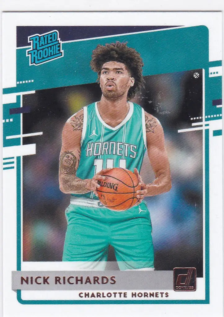 Basketball trading card of Nick Richards RC Rookie in teal for Donruss Rated Rookie