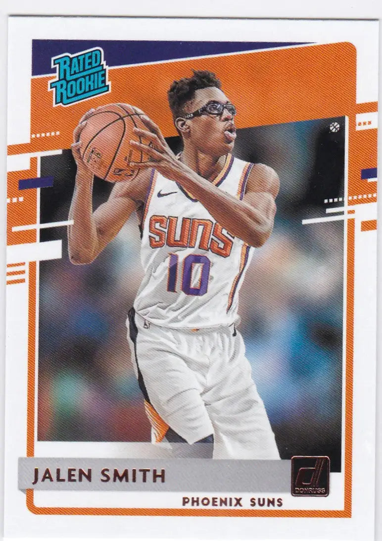 Basketball trading card of Jalen Smith Phoenix Suns in white jersey for Donruss Rated Rookie