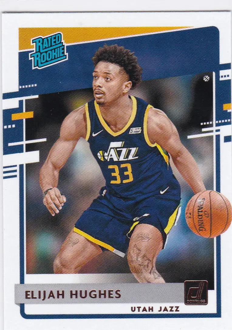 Basketball trading card of Elijah Hughes Utah Jazz in navy jersey number 33 Donruss Rated Rookie