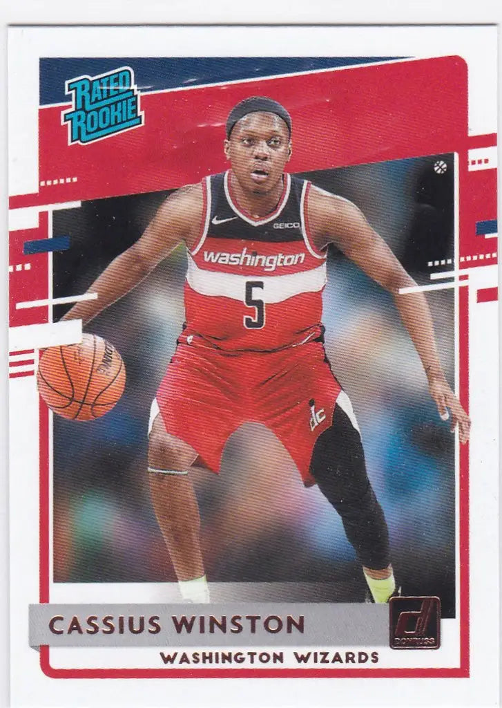 Basketball trading card of Cassius Winston RC rookie in Washington Wizards uniform dribbling