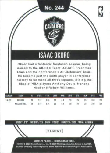 Basketball card back of 2020-21 Hoops Isaac Okoro Rookie Cleveland Cavaliers NM-MT