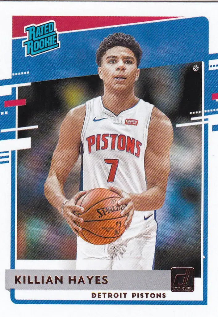 Basketball trading card of Killian Hayes, Rated Rookie, in a Detroit Pistons jersey