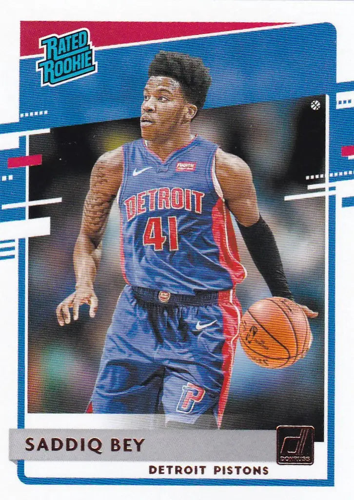 Basketball trading card of Saddiq Bey Rated Rookie for Detroit Pistons NBA Hoops