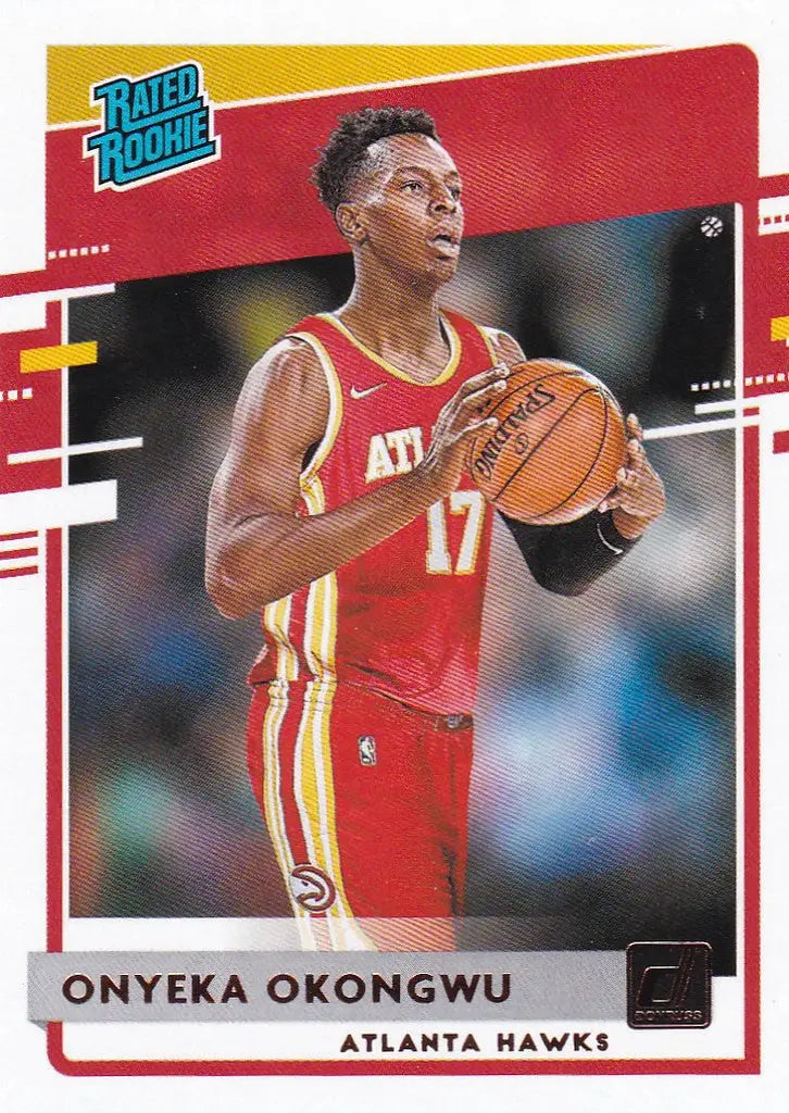 Basketball trading card of Onyeka Okongwu Rated Rookie Atlanta Hawks in red uniform