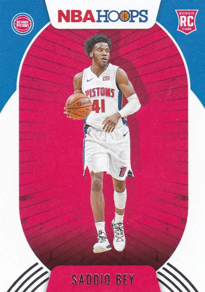 Basketball trading card of Saddiq Bey in white uniform for NBA Hoops Bey RC Detroit Pistons