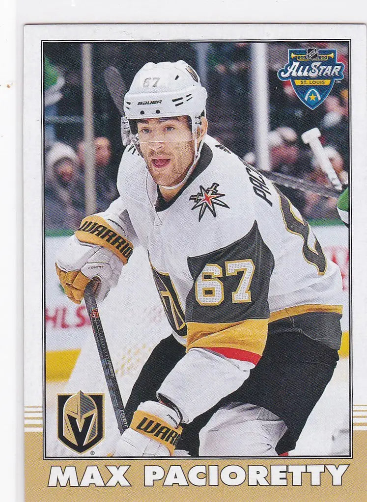 Hockey player in white Vegas Golden Knights jersey 67 featured in trading cards collection