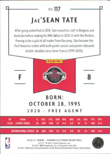 Jae’Sean Tate basketball card from 2020-21 Panini Chronicles Houston Rockets NM-MT