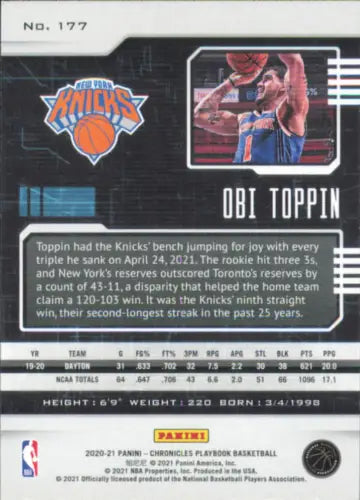 Obi Toppin basketball card from 2020-21 Panini Chronicles #177 New York Knicks NM-MT