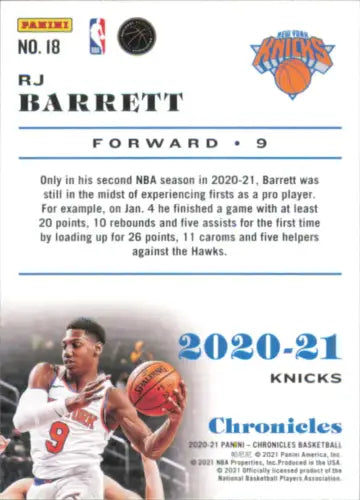 RJ Barrett basketball card from 2020-21 Panini Chronicles New York Knicks NM-MT