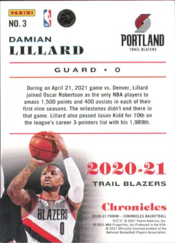 Damian Lillard basketball card from 2020-21 Panini Chronicles Portland Trail Blazers