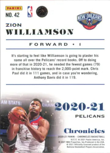 Zion Williamson 2020-21 Panini Chronicles card featuring the New Orleans Pelicans