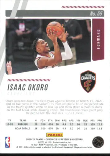 Isaac Okoro basketball card from 2020-21 Panini Chronicles #55 Cavaliers Prestige