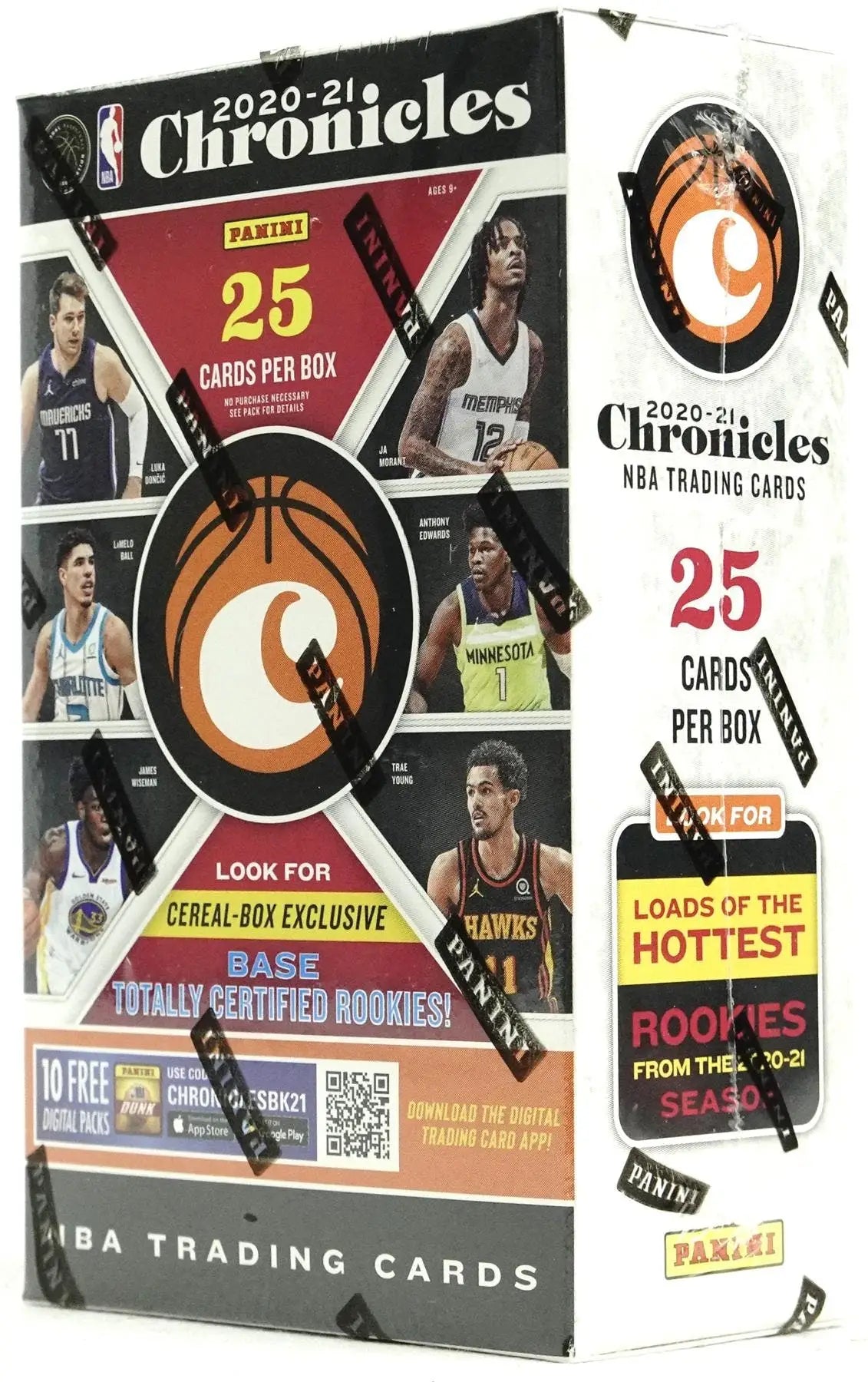 2020-21 Panini Chronicles Basketball Cereal Box with player photos and promotional text