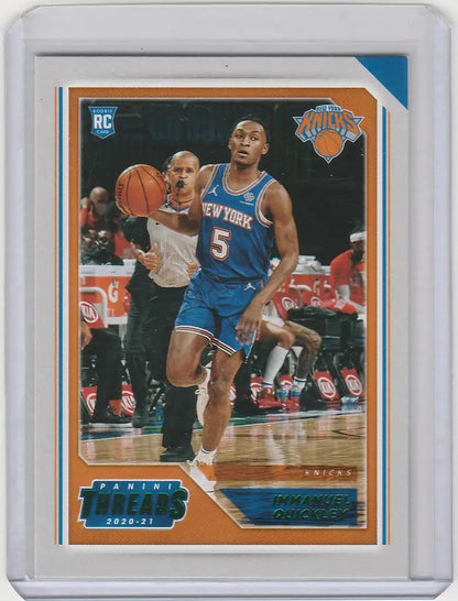 Basketball trading card of Immanuel Quickley in blue New York Knicks uniform, Panini Chronicles Green