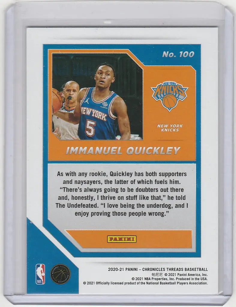 Basketball trading card featuring Immanuel Quickley from the New York Knicks Panini Chronicles Green