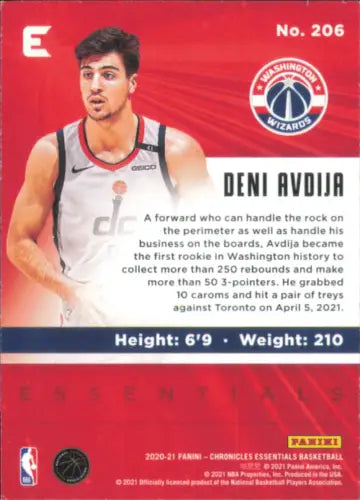 Deni Avdija basketball card from 2020-21 Panini Chronicles Green Rookie Essentials