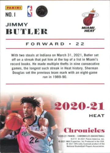 Jimmy Butler basketball card from 2020-21 Panini Chronicles Pink Miami Heat NM-MT