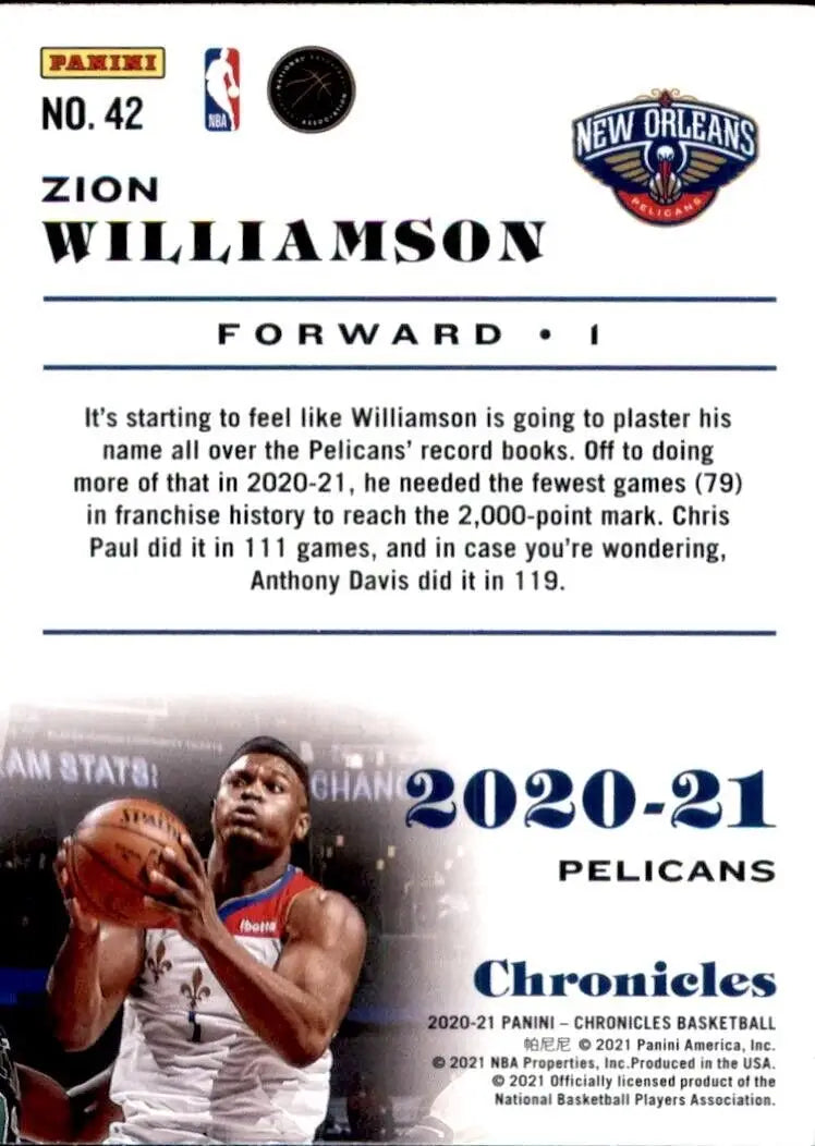 Zion Williamson basketball card from 2020-21 Panini Chronicles New Orleans Pelicans