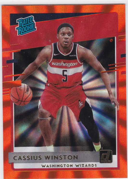 Basketball trading card of Cassius Winston RC Orange Laser Washington Wizards player