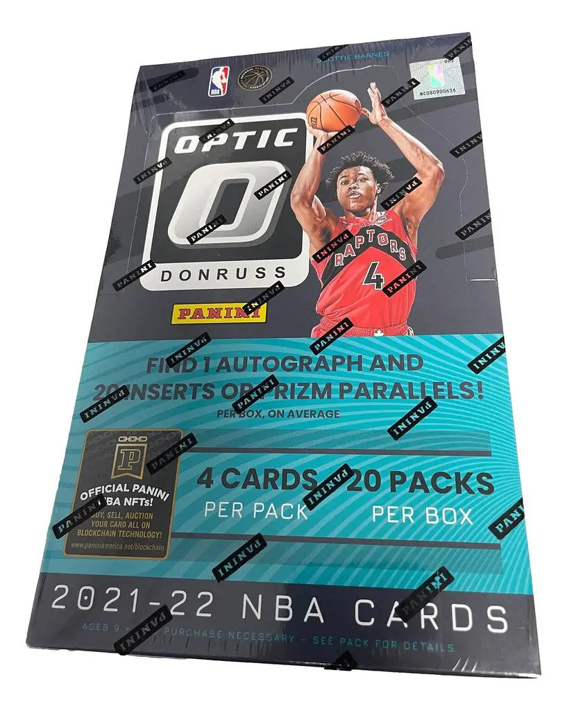 Box of 2021-22 NBA Donruss Optic Basketball cards featuring Rated Rookies in hobby box