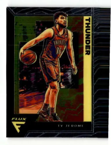 Basketball trading card of Ty Jerome in navy uniform dribbling for Thunder, original gloss