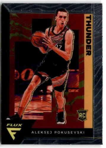 Basketball trading card of Aleksej Pokusevski in black Thunder uniform holding ball